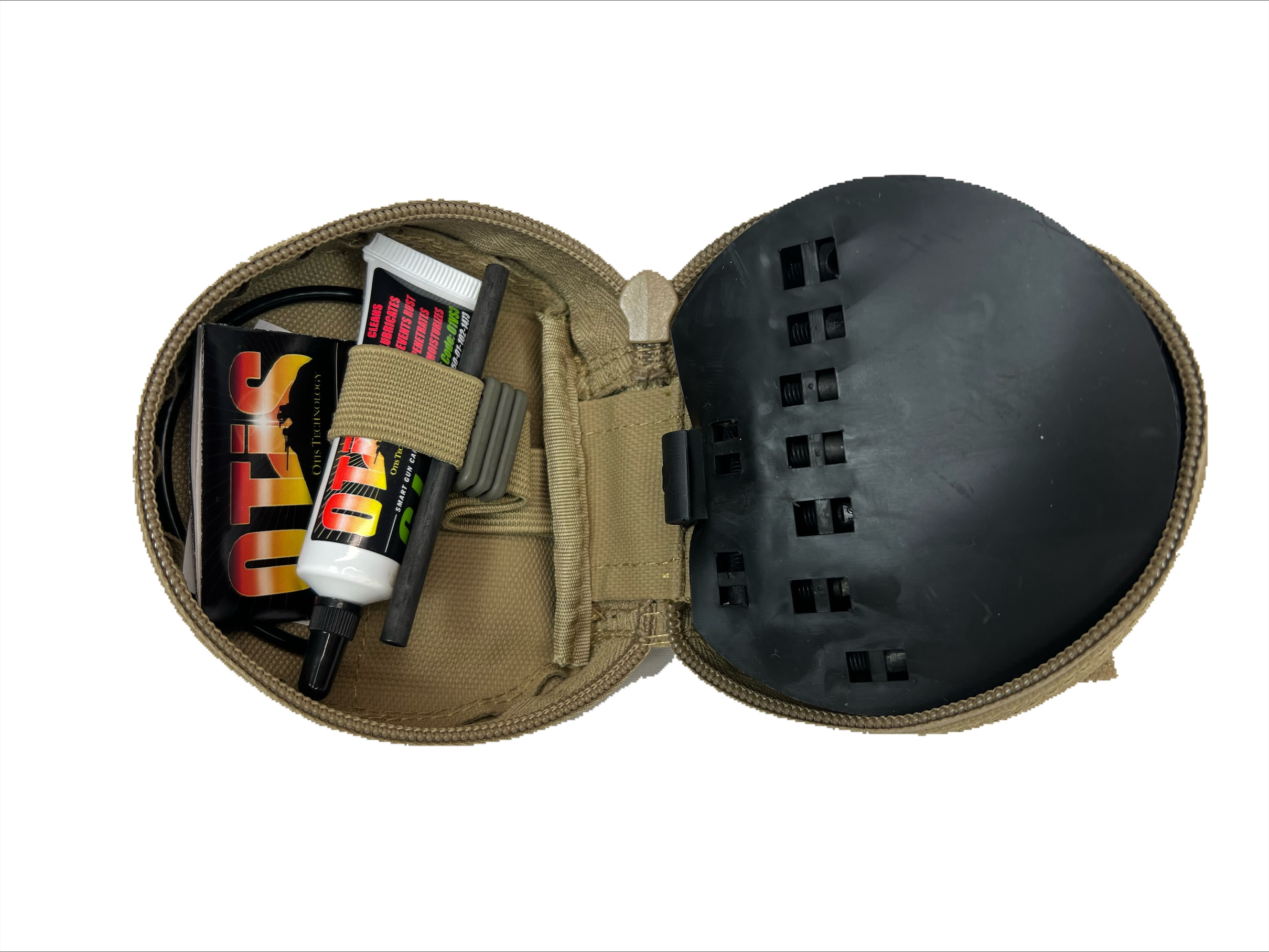 thumbnail interactive-video image 1 of Otis 9mm Pistol Cleaning Kit - Military Coyote Brown MOLLE Case - Made In USA 1 of 3
